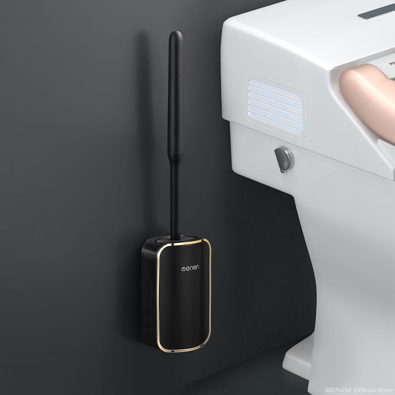 Escova Sanitária em Silicone com Suporte Suspenso Moderno - Preto Dourado Casa Elège