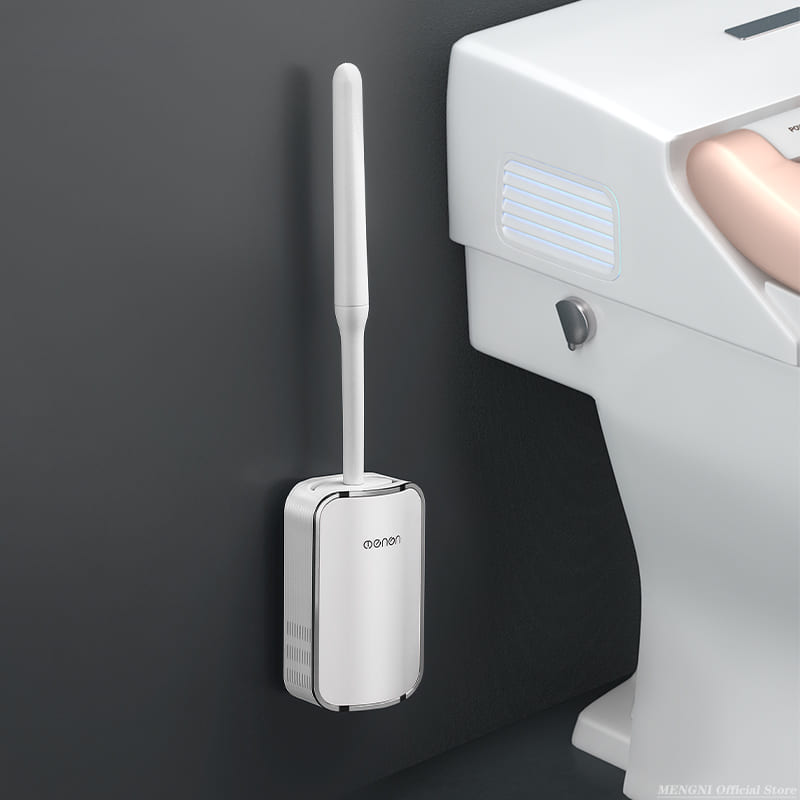 Escova Sanitária em Silicone com Suporte Suspenso Moderno - Branco Prata Casa Elège