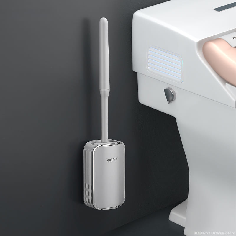 Escova Sanitária em Silicone com Suporte Suspenso Moderno - Cinza Prata Casa Elège