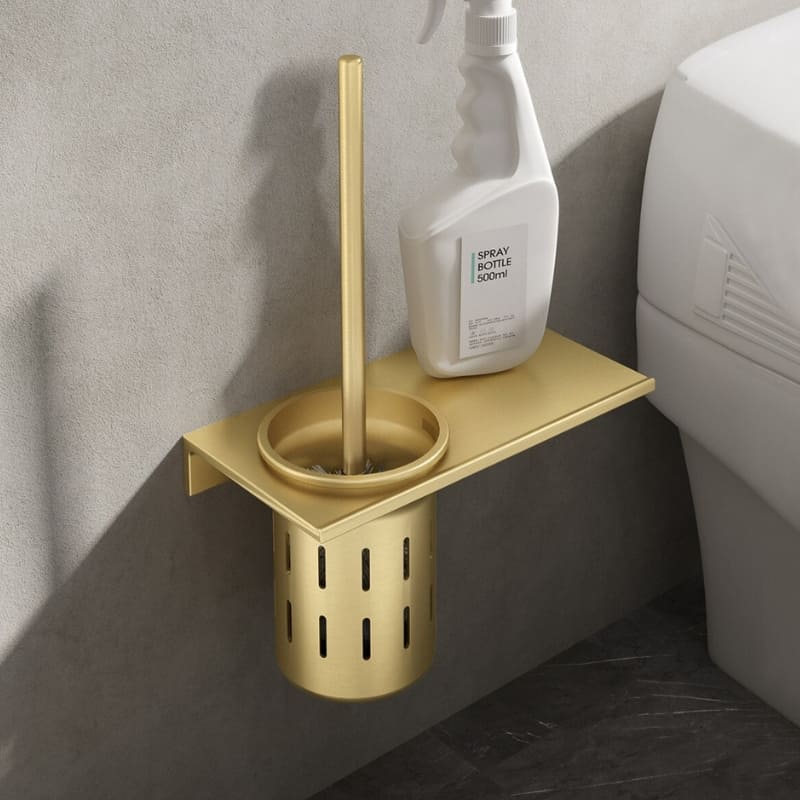 Escova Sanitária Com Suporte Em Alumínio Dourado Sofisticada - Escova + Base de Apoio Casa Elège