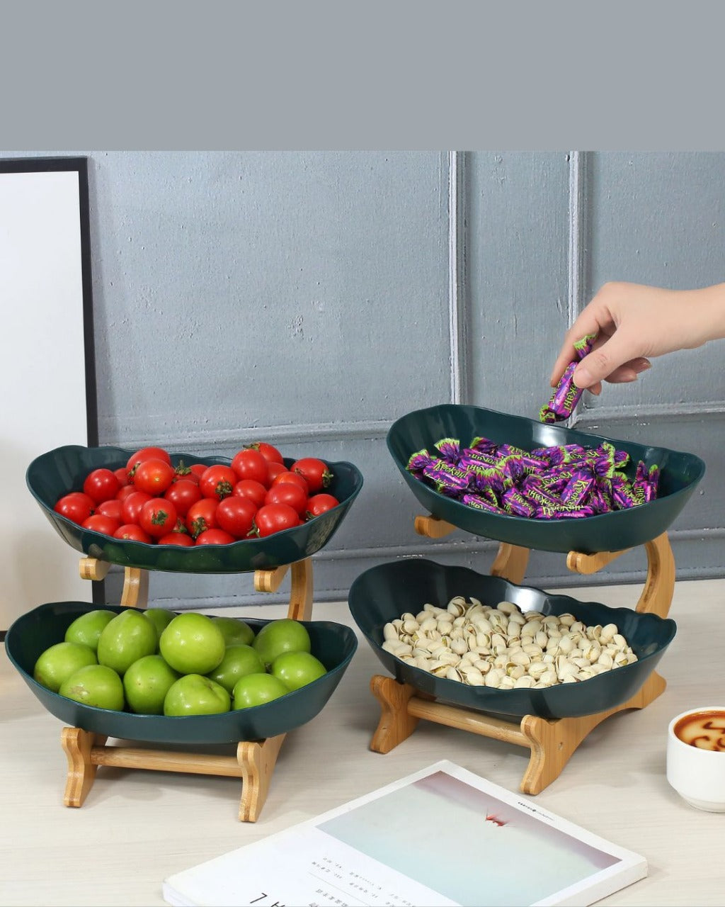 Fruteira 2 ou 3 Camadas em Bambu com Bandejas Plásticas - Verde 2 Casa Elège