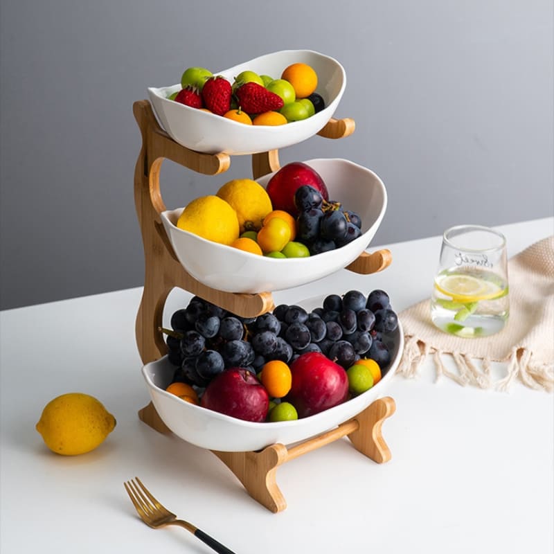 Fruteira de Mesa em Bambu com Cestas Organizadora - Branco (3 camadas) Casa Elège