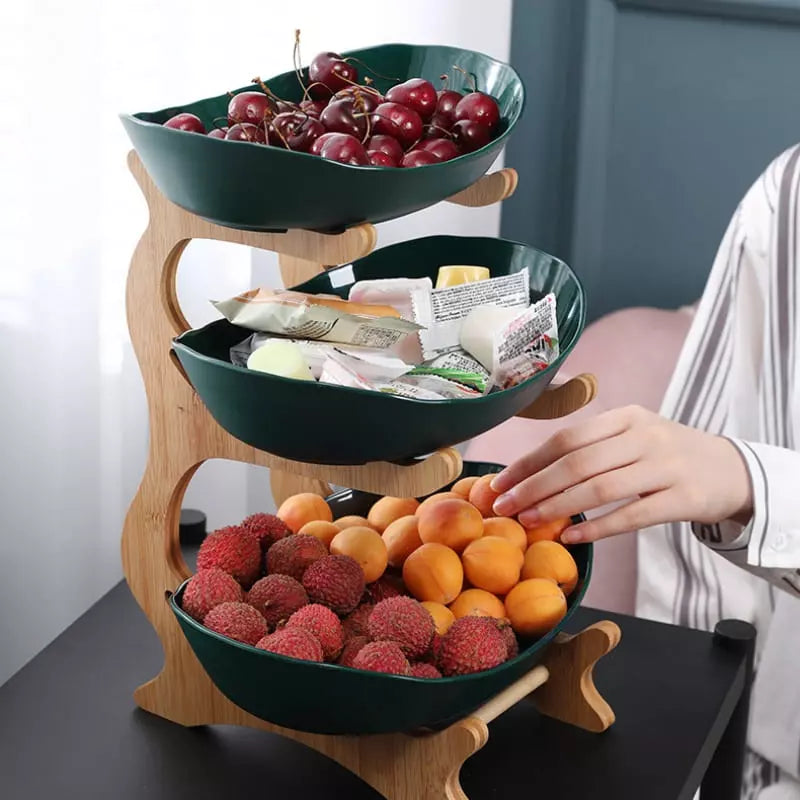 Fruteira de Mesa em Bambu com Cestas Organizadora - Verde (3 camadas) Casa Elège