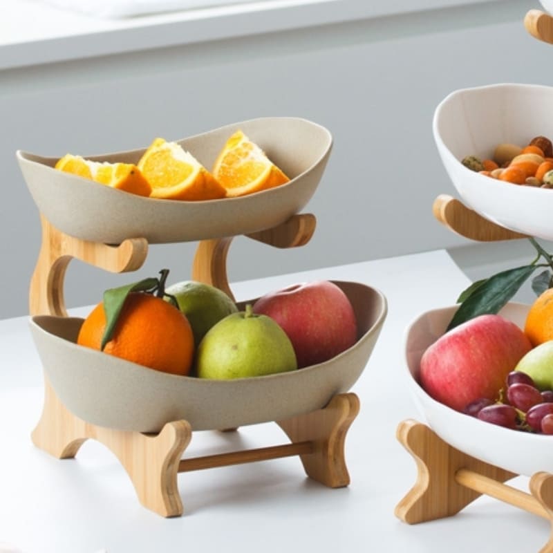 Fruteira de Mesa em Bambu com Cestas Organizadora - Bege (2 camadas) Casa Elège