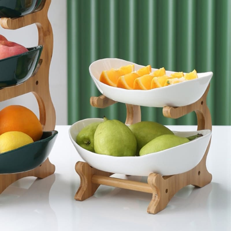 Fruteira de Mesa em Bambu com Cestas Organizadora - Branco (2 camadas) Casa Elège