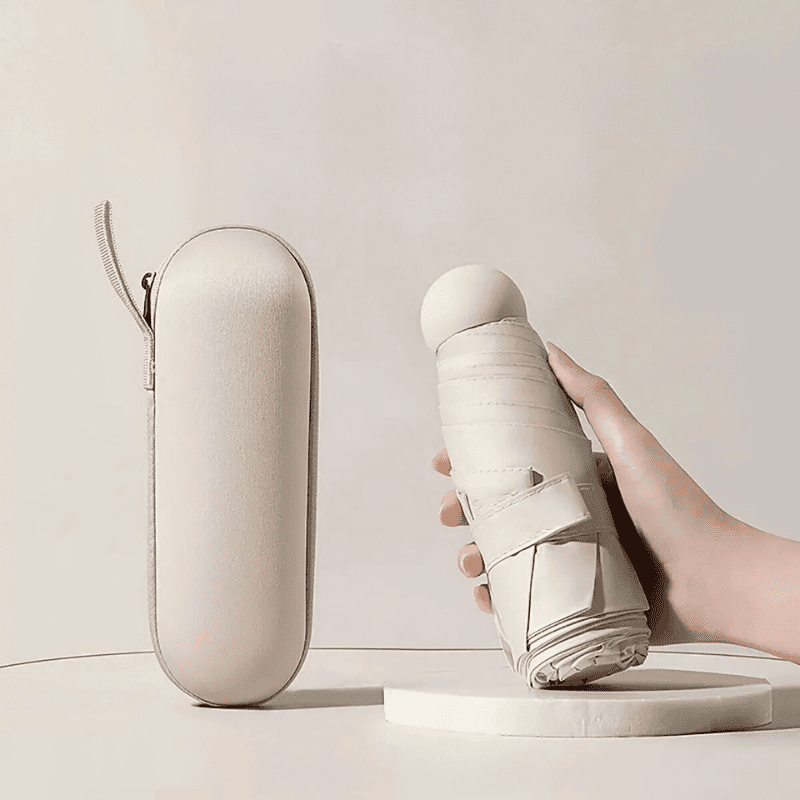Mini Guarda-Chuva com Estojo Compacto e Proteção UV - Bege Casa Elège
