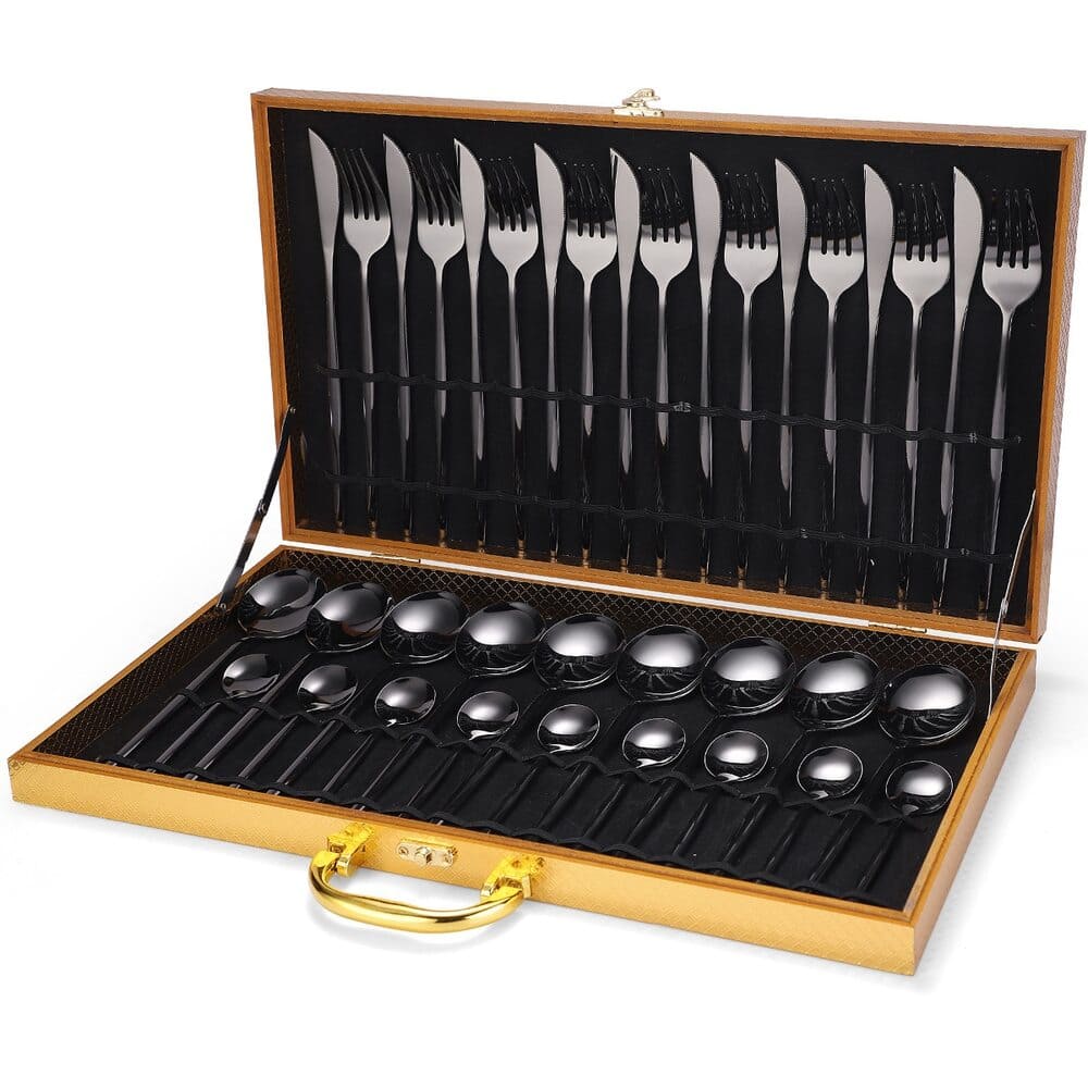 Jogo De Talheres Em Aço Inox 24 Peças Premium Com Estojo - Preto + Maleta Casa Elège