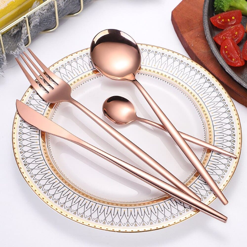 Jogo De Talheres Em Aço Inox 24 Peças Premium Com Estojo - Rosé Gold Casa Elège