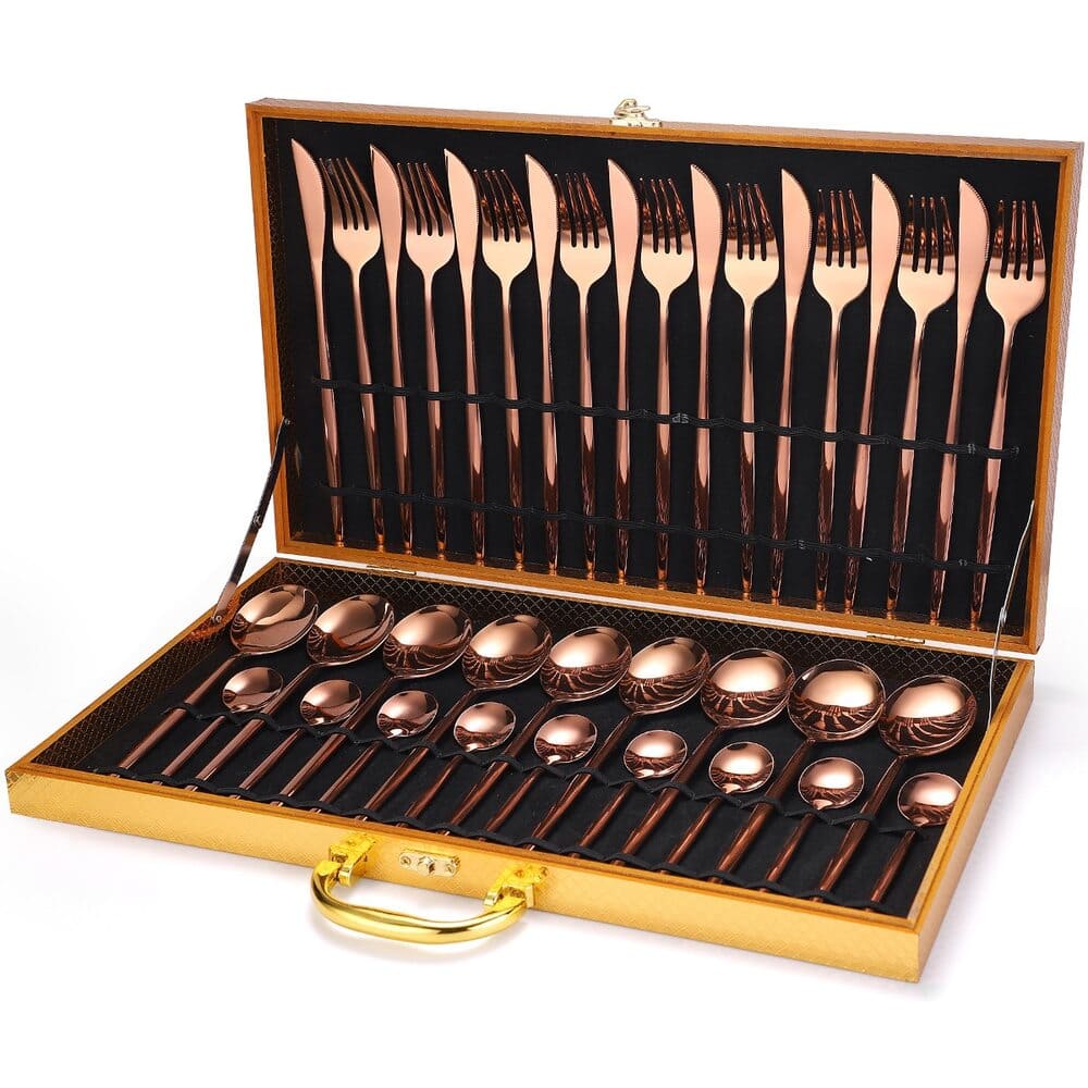 Jogo De Talheres Em Aço Inox 24 Peças Premium Com Estojo - Rosé Gold + Maleta Casa Elège