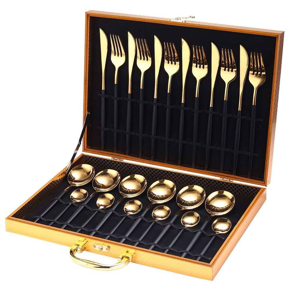Jogo De Talheres Em Aço Inox 24 Peças Premium Com Estojo - Preto com Dourado + Maleta Casa Elège