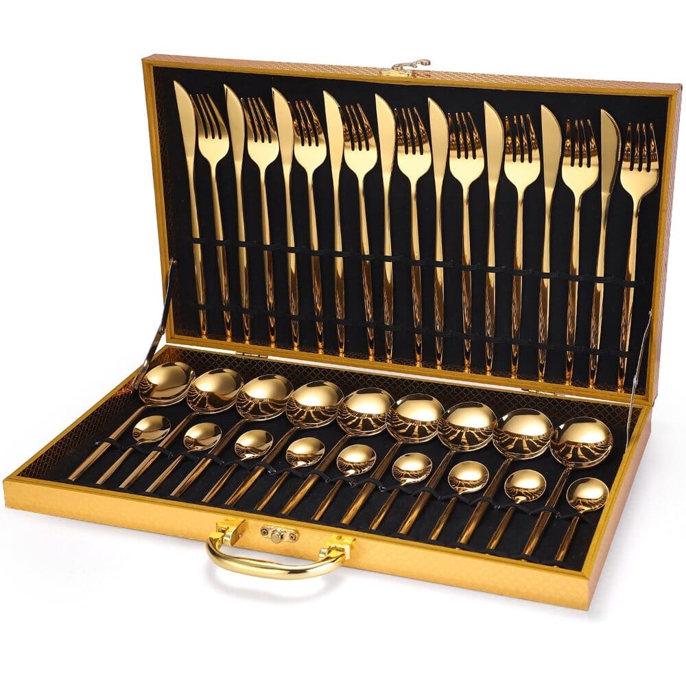 Jogo De Talheres Em Aço Inox 24 Peças Premium Com Estojo - Dourado + Maleta Casa Elège