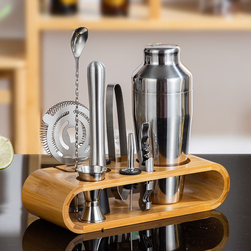 Kit Coqueteleira Em Aço Inox Com Suporte De Madeira - Casa Elège