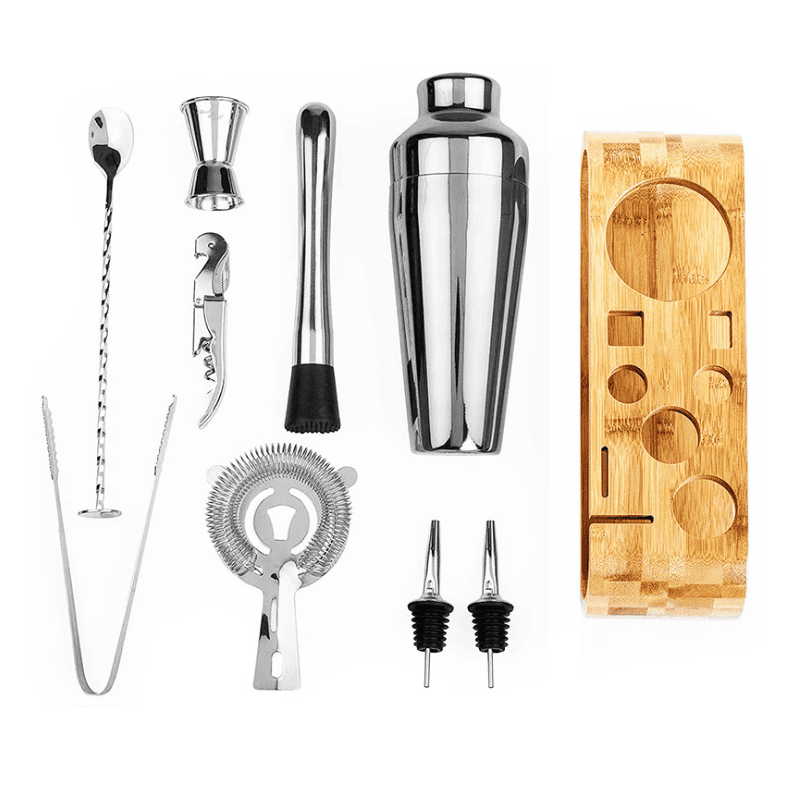 Kit Coqueteleira Em Aço Inox Com Suporte De Madeira - Casa Elège