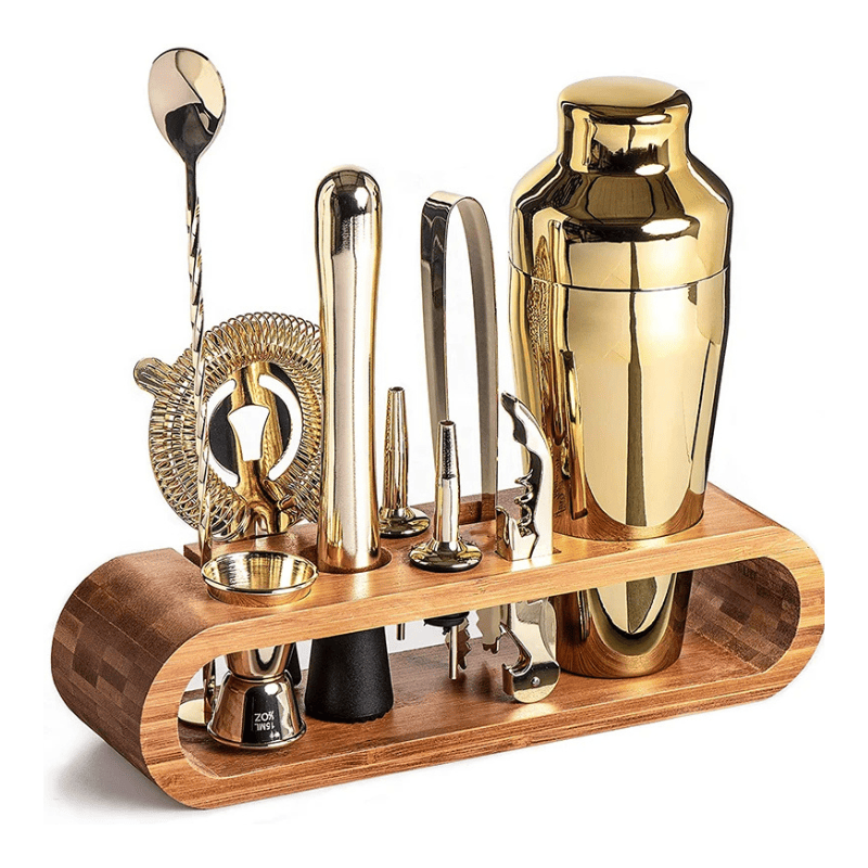 Kit Coqueteleira Em Aço Inox Com Suporte De Madeira - Dourado Casa Elège