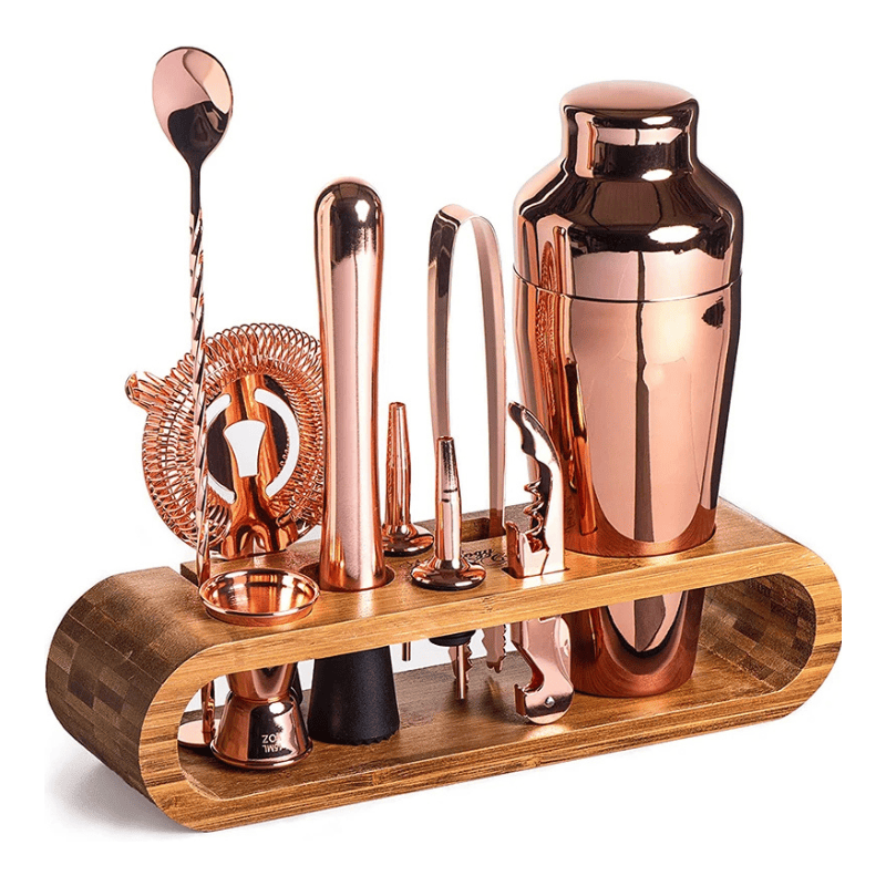 Kit Coqueteleira Em Aço Inox Com Suporte De Madeira - Gold Rose Casa Elège