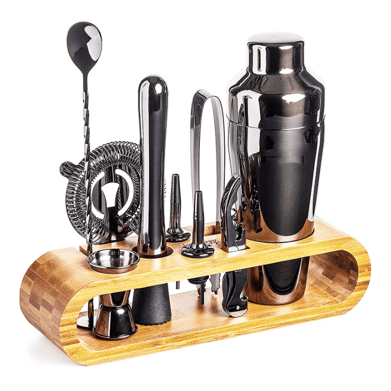 Kit Coqueteleira Em Aço Inox Com Suporte De Madeira - Preto Casa Elège