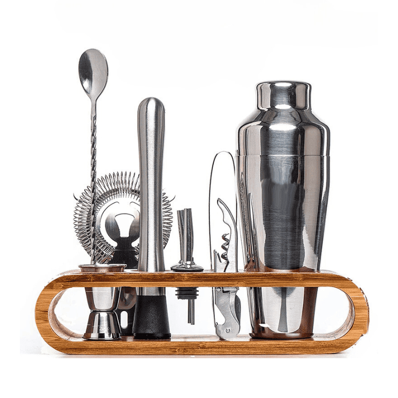 Kit Coqueteleira Em Aço Inox Com Suporte De Madeira - Prata Casa Elège