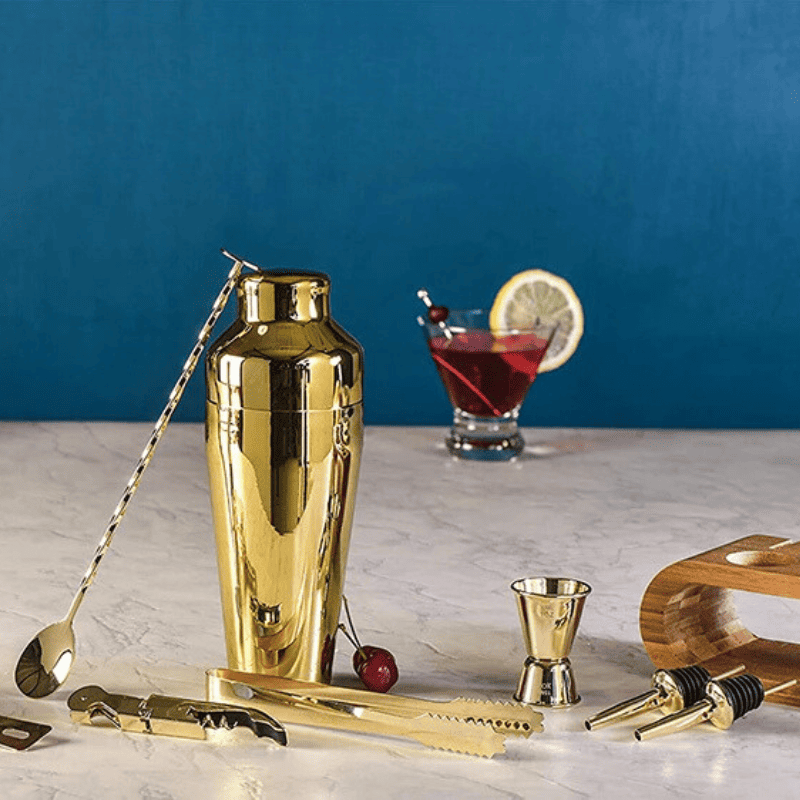 Kit Coqueteleira Em Aço Inox Com Suporte De Madeira - Casa Elège