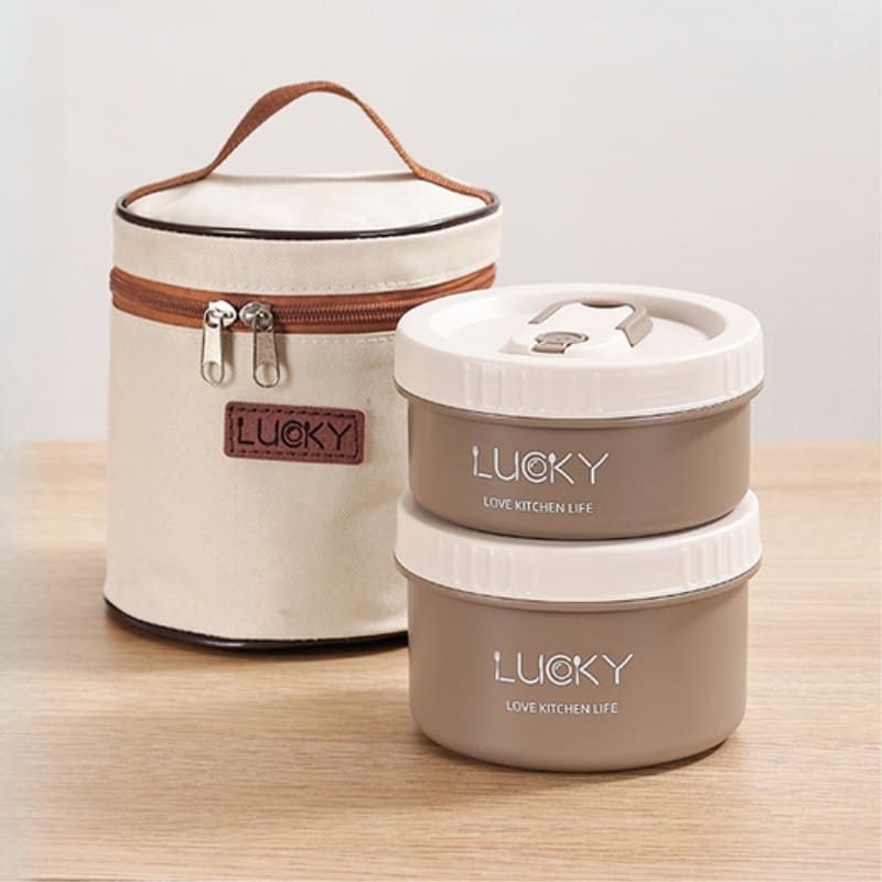 Kit Marmita Térmica Em Aço Inox Com Bolsa Térmica Compacta - Marrom 2 Potes + Bolsa Casa Elège