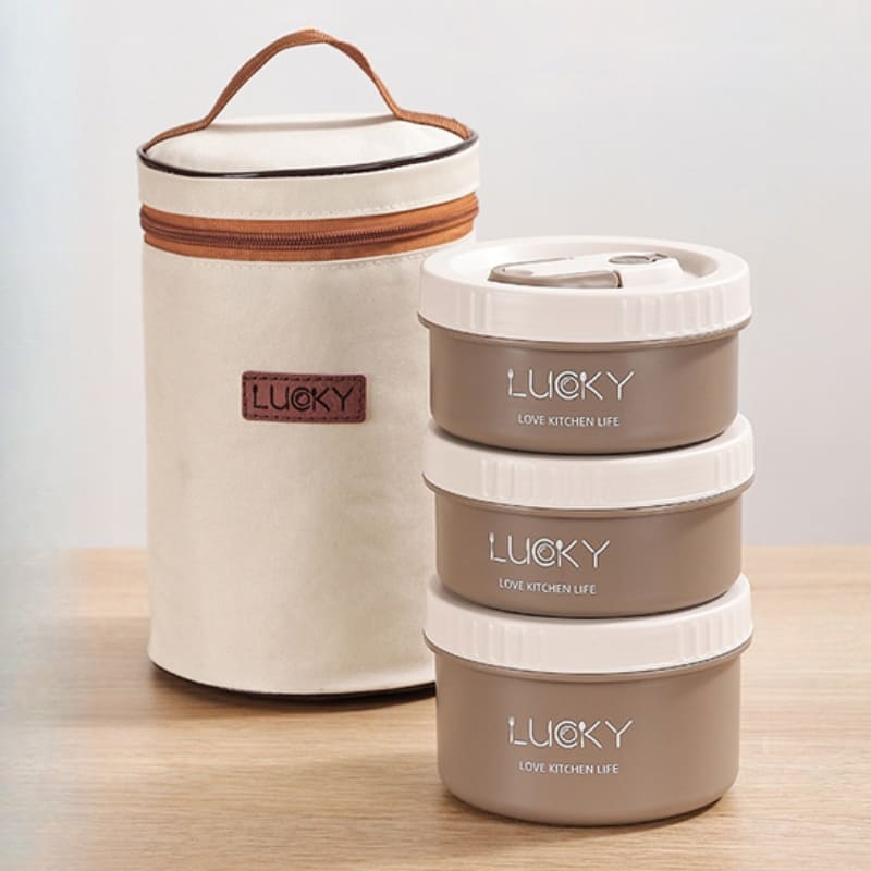 Kit Marmita Térmica Em Aço Inox Com Bolsa Térmica Compacta - Marrom 3 Potes + Bolsa Casa Elège