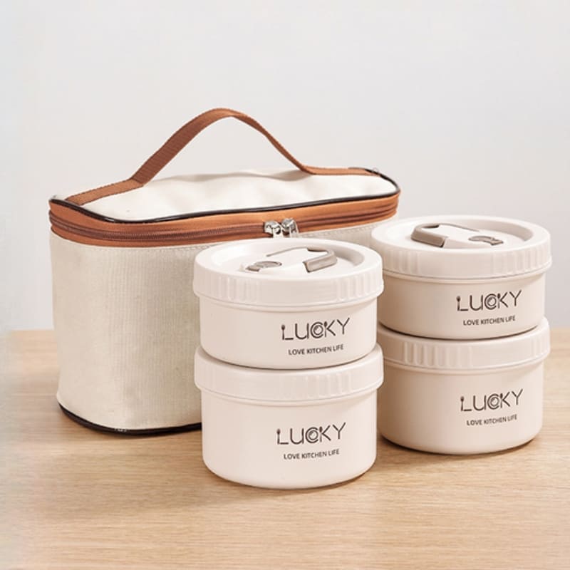 Kit Marmita Térmica Em Aço Inox Com Bolsa Térmica Compacta - Branco 4 Potes + Bolsa Casa Elège