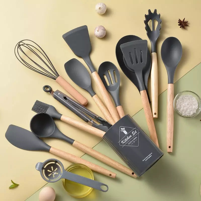 Kit de Utensílios em Silicone 14 Peças com Organizador - Cinza 14pçs Casa Elège