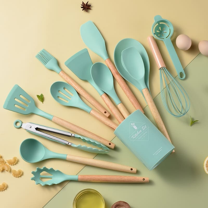 Kit de Utensílios em Silicone 14 Peças com Organizador - Verde 14pçs Casa Elège
