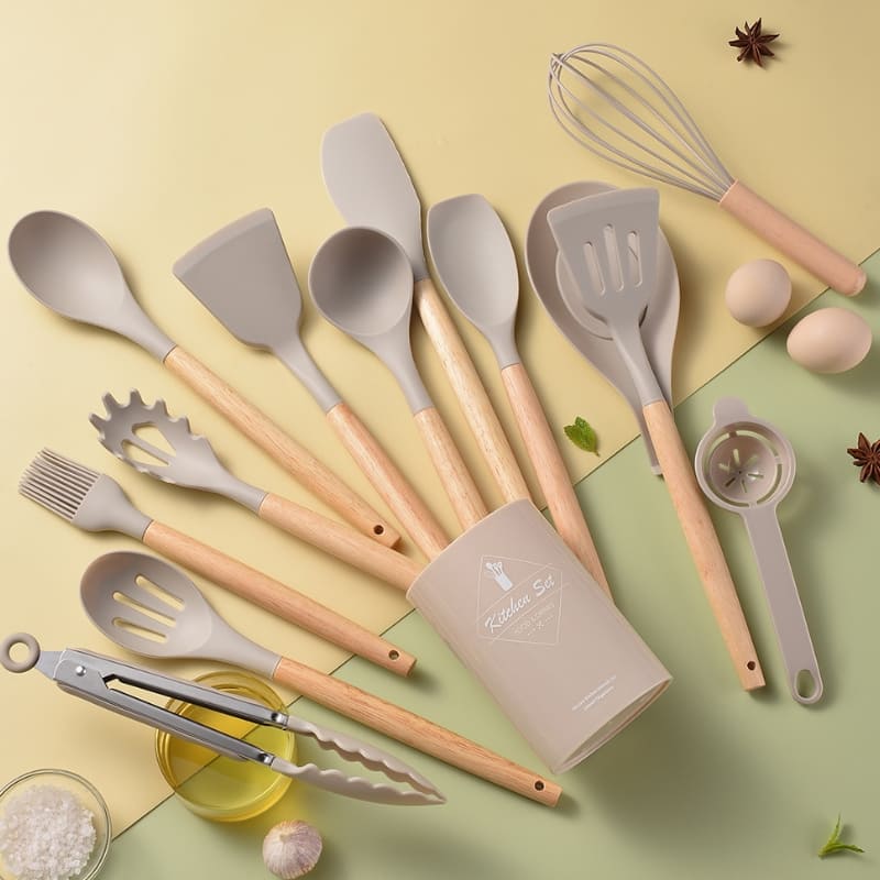 Kit de Utensílios em Silicone 14 Peças com Organizador - Bege 14pçs Casa Elège