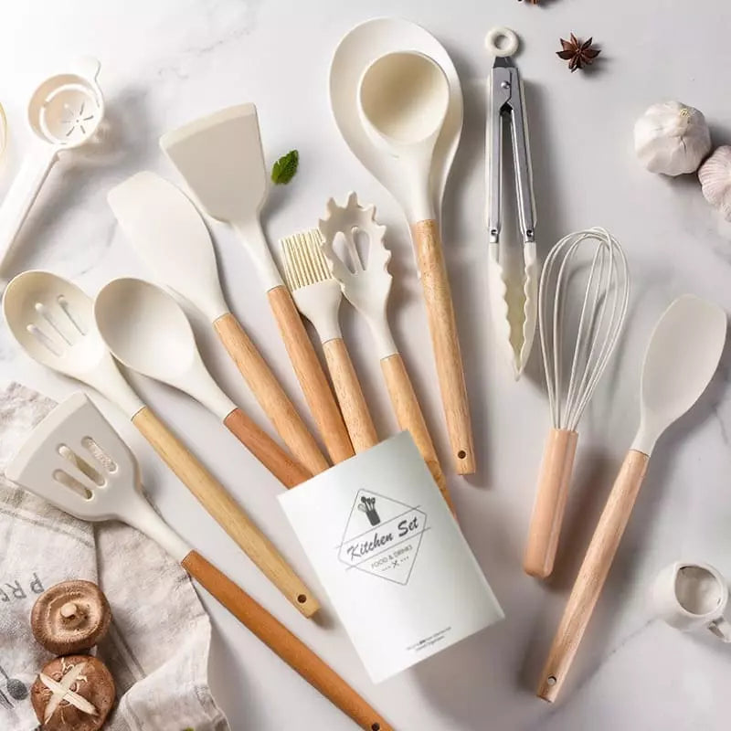 Kit de Utensílios em Silicone 14 Peças com Organizador - Branco 14pçs Casa Elège