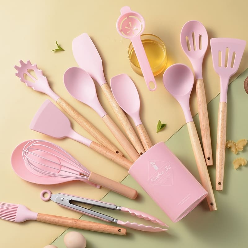 Kit de Utensílios em Silicone 14 Peças com Organizador - Rosa 14pçs Casa Elège
