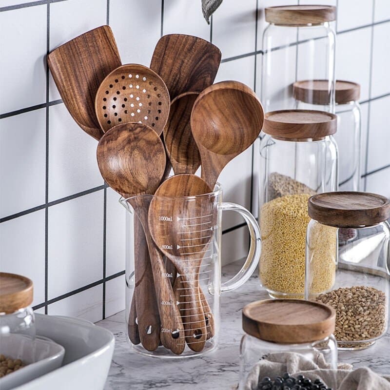 Kit Utensílios De Cozinha Em Madeira Teca - 7 Peças - Casa Elège