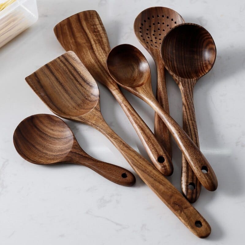 Kit Utensílios De Cozinha Em Madeira Teca - 7 Peças - Casa Elège