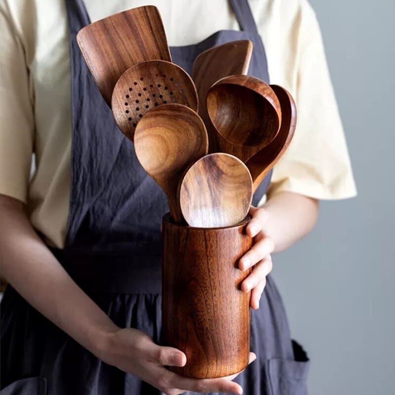 Kit Utensílios De Cozinha Em Madeira Teca - 7 Peças - Casa Elège