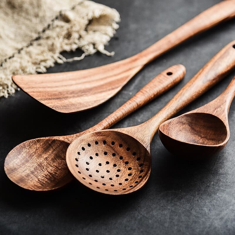 Kit Utensílios De Cozinha Em Madeira Teca - 7 Peças - Casa Elège