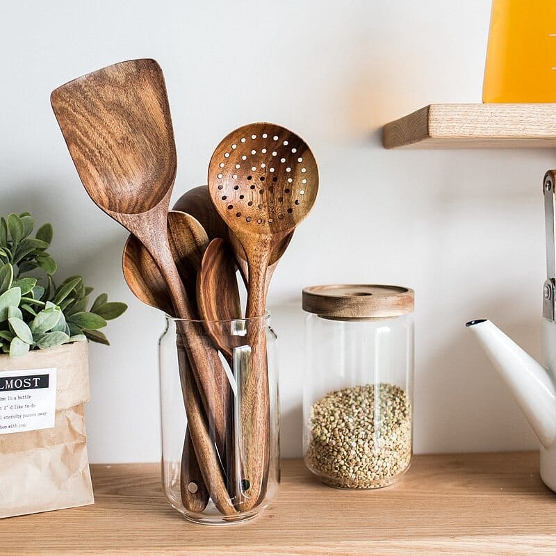 Kit Utensílios De Cozinha Em Madeira Teca - 7 Peças - Casa Elège