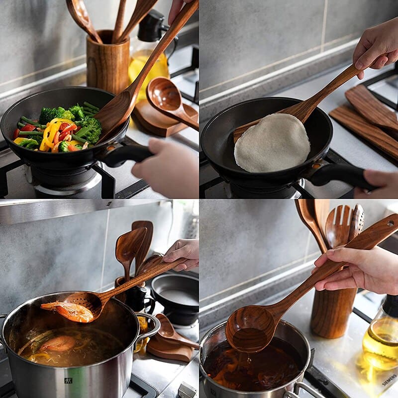 Kit Utensílios De Cozinha Em Madeira Teca - 7 Peças - Casa Elège