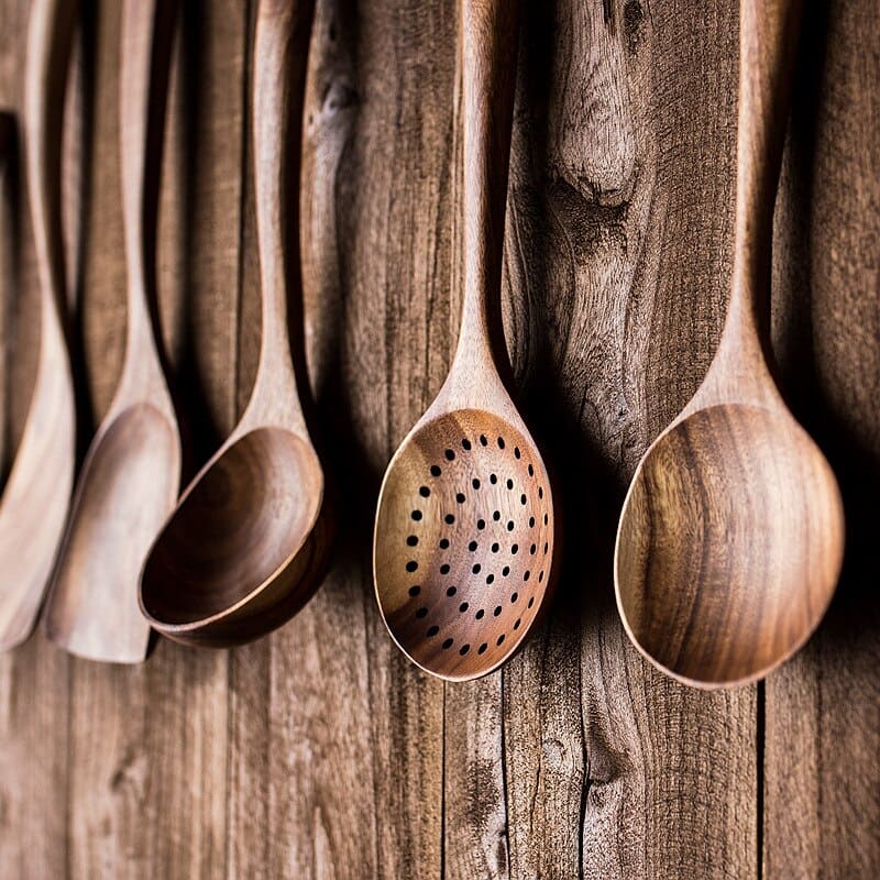 Kit Utensílios De Cozinha Em Madeira Teca - 7 Peças - Casa Elège