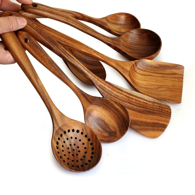 Kit Utensílios De Cozinha Em Madeira Teca - 7 Peças - Casa Elège