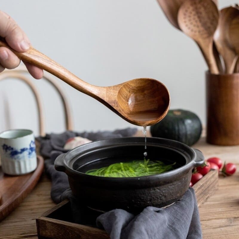 Kit Utensílios De Cozinha Em Madeira Teca - 7 Peças - Casa Elège