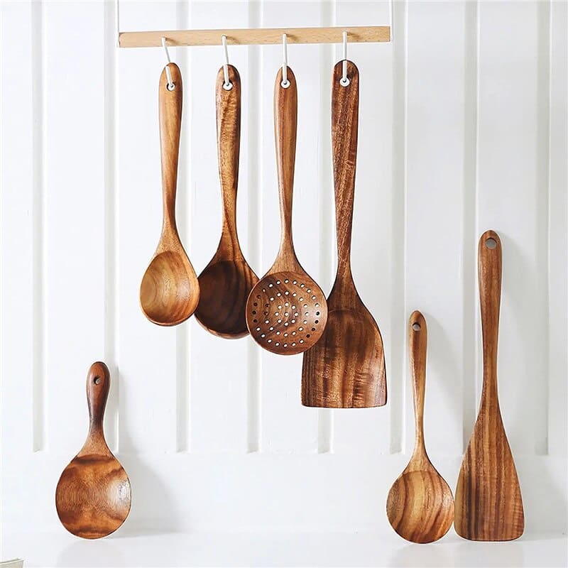 Kit Utensílios De Cozinha Em Madeira Teca - 7 Peças - Casa Elège