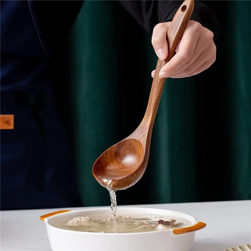 Kit Utensílios De Cozinha Em Madeira Teca - 7 Peças - Casa Elège