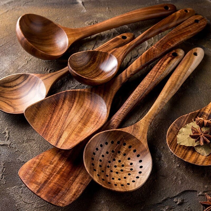 Kit Utensílios De Cozinha Em Madeira Teca - 7 Peças - Casa Elège