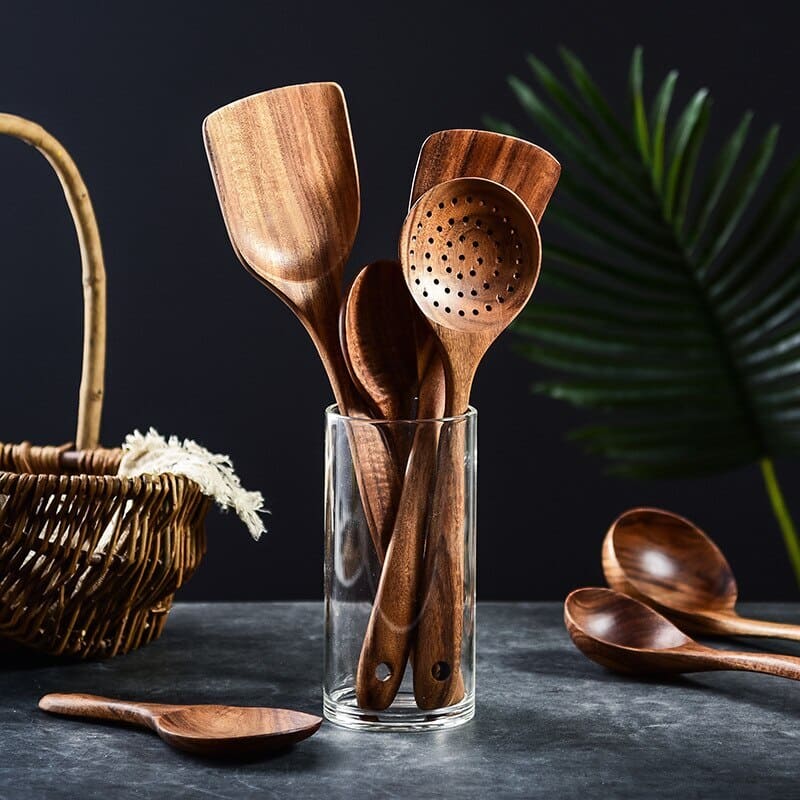 Kit Utensílios De Cozinha Em Madeira Teca - 7 Peças - Casa Elège