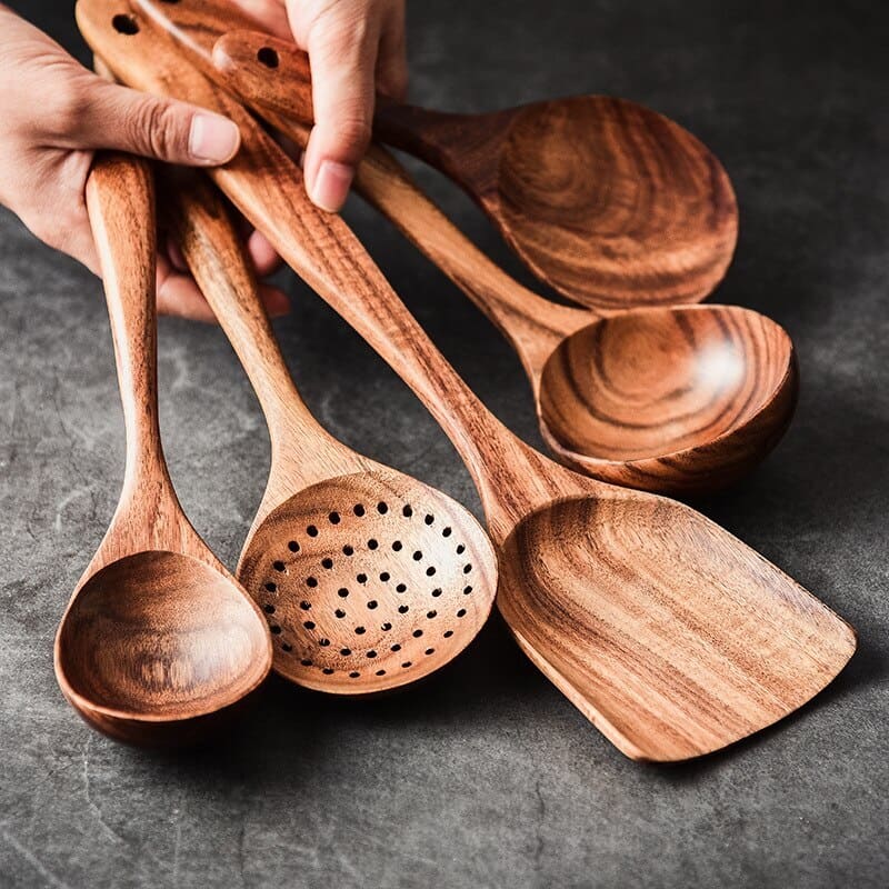 Kit Utensílios De Cozinha Em Madeira Teca - 7 Peças - Casa Elège