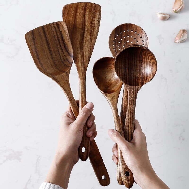 Kit Utensílios De Cozinha Em Madeira Teca - 7 Peças - Casa Elège