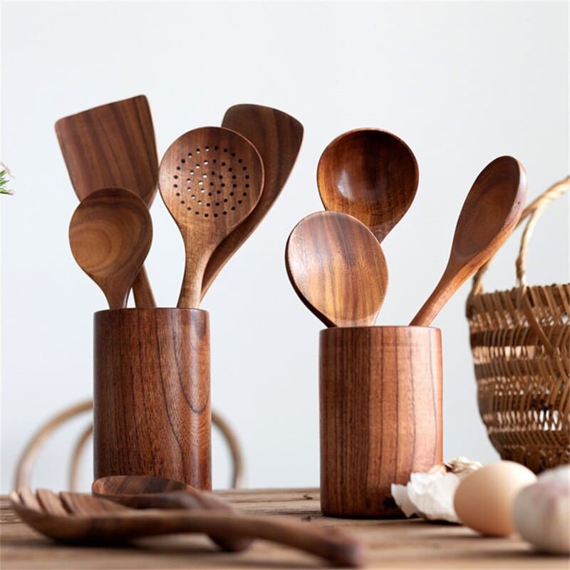 Kit Utensílios De Cozinha Em Madeira Teca - 7 Peças - Casa Elège