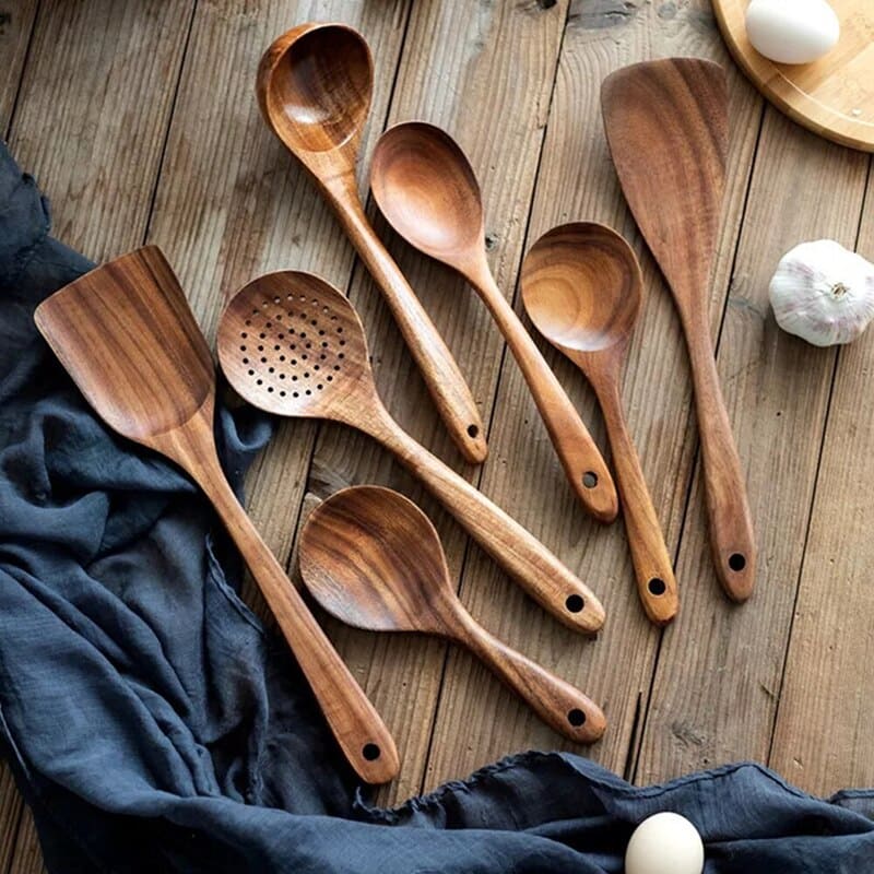 Kit Utensílios De Cozinha Em Madeira Teca - 7 Peças - Conjunto com 7 peças Casa Elège