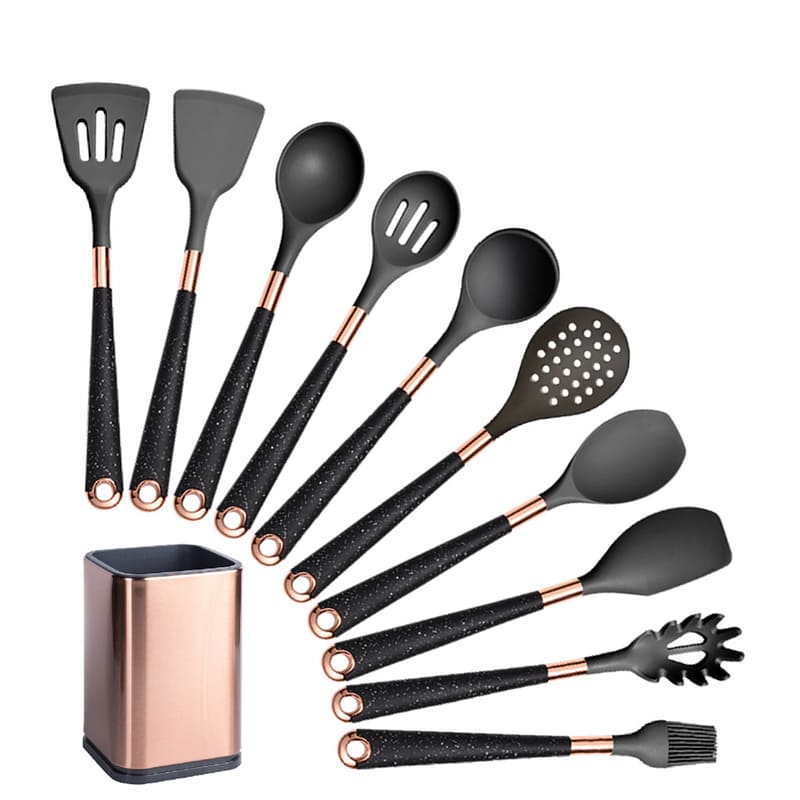 Kit Utensílios De Silicone 10 Peças Com Organizador Rosé - Casa Elège