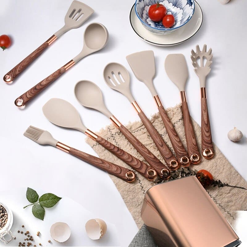 Kit Utensílios De Silicone 10 Peças Com Organizador Rosé - Rosé + Suporte Casa Elège