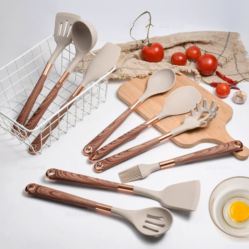 Kit Utensílios De Silicone 10 Peças Com Organizador Rosé - Casa Elège